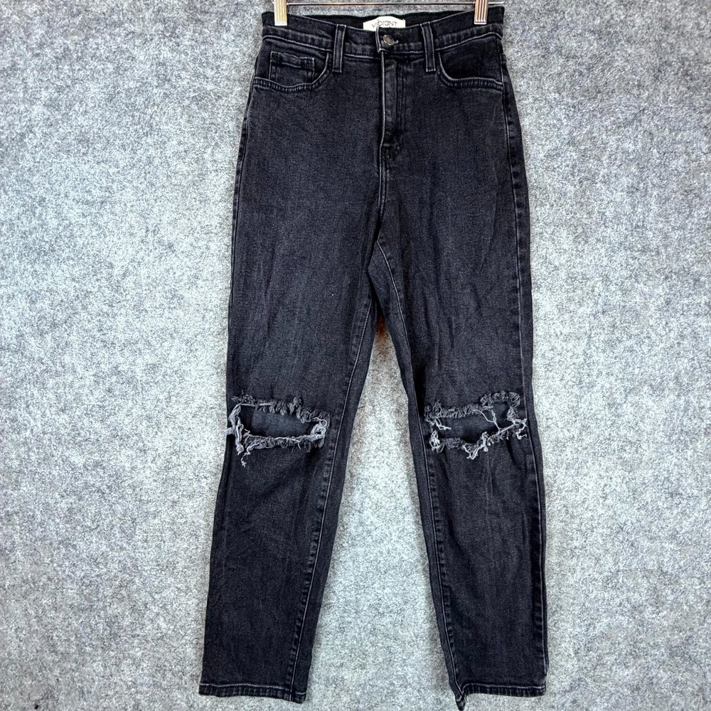 Vibrant MIU Jeans Womens 3 (W25) Black Denim Distressed Mid Rise Streetwear